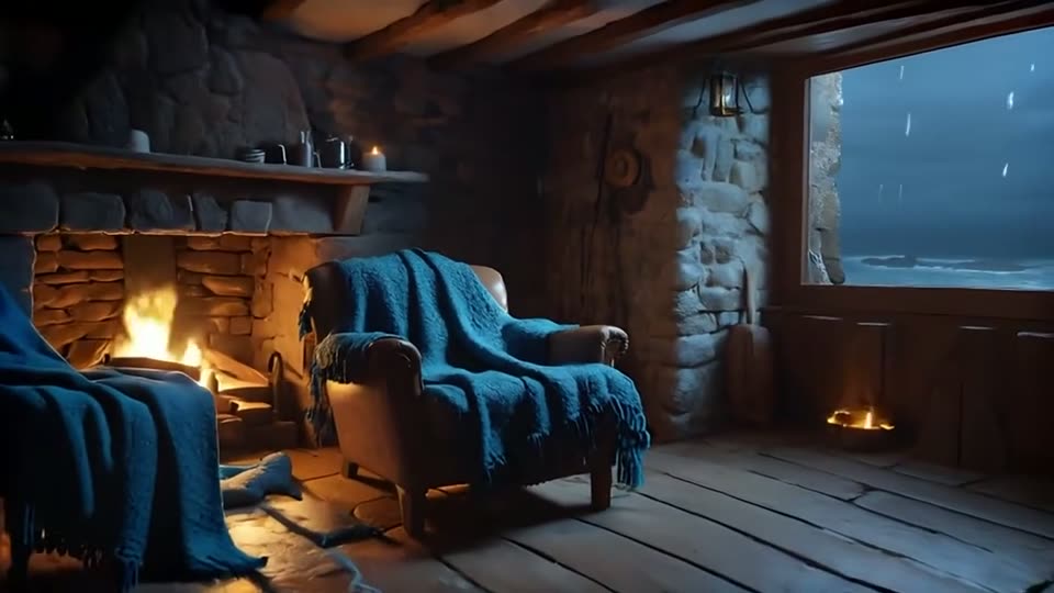 Image du film « Nuit de tempête en Bretagne — 30 minutes (océan, pluie, feu de bois) » : un salon de pierre, fauteuil sous un plaid, feu de bois, fenêtre ouverte sur la mer.