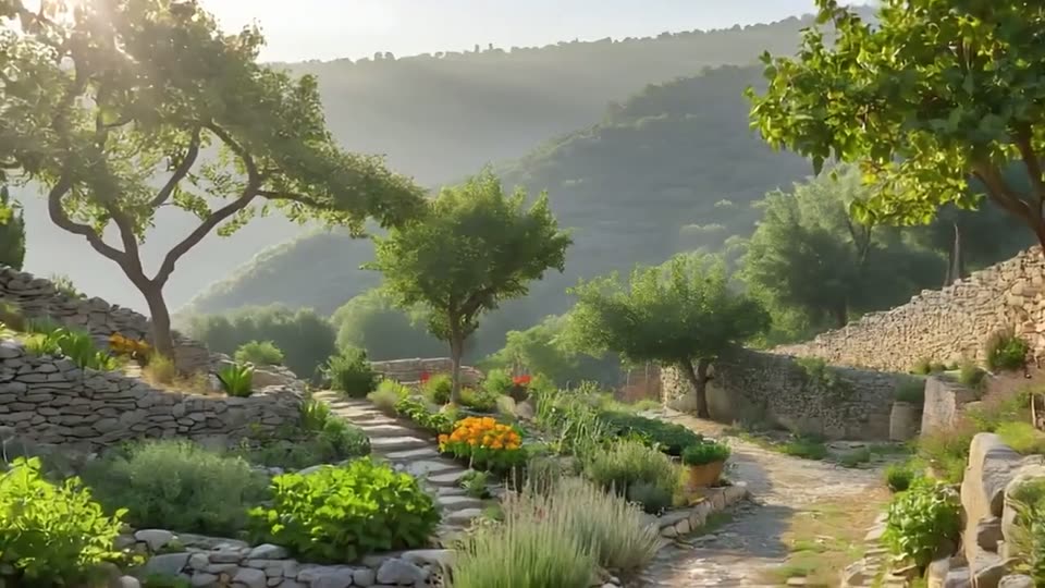 Image du film « Cévennes — 30 minutes (pierres, châtaigniers, brume et rivière) » : un jardin en terrasses, olivier, murets de pierre sèche et collines dans la brume.