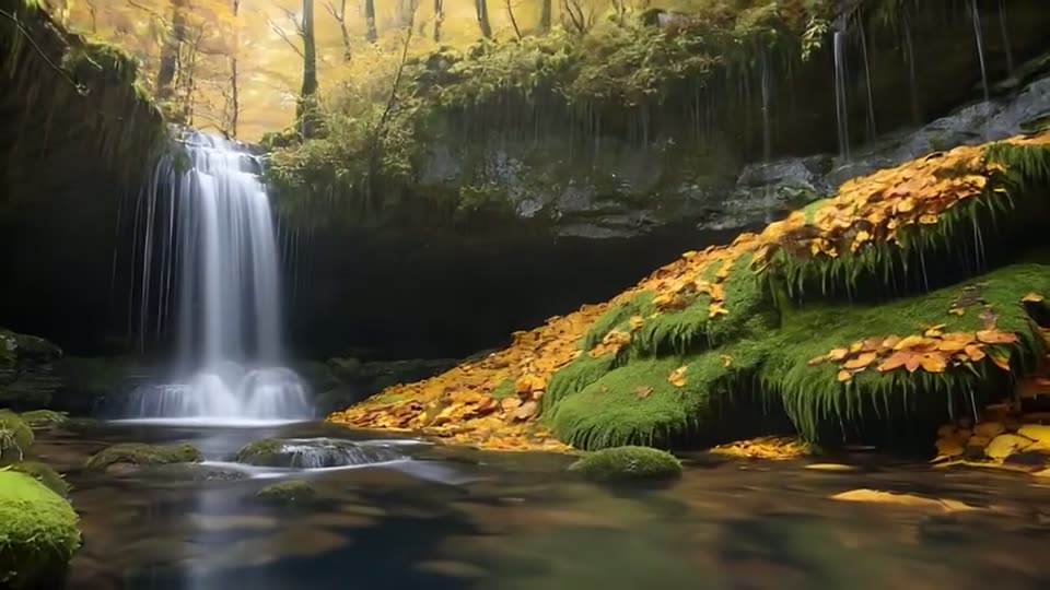 Image du film « Jura — 30 minutes (lacs, brume, forêts et cascades) » : une cascade en forêt, rochers moussus et feuilles d'automne.